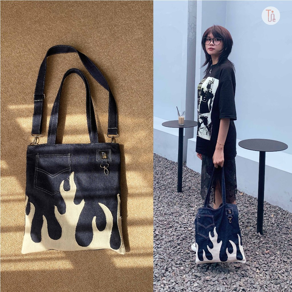 Toune - Tas Denim | Tas Jeans | Totebag Resleting Denim | Slingbag Denim Bordir | Tas Kuliah Estetik