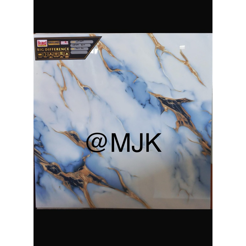 Granit 60x60 Kilap IKAD Helios Blue Motif Putih Corak Emas Biru Mewah Elegan