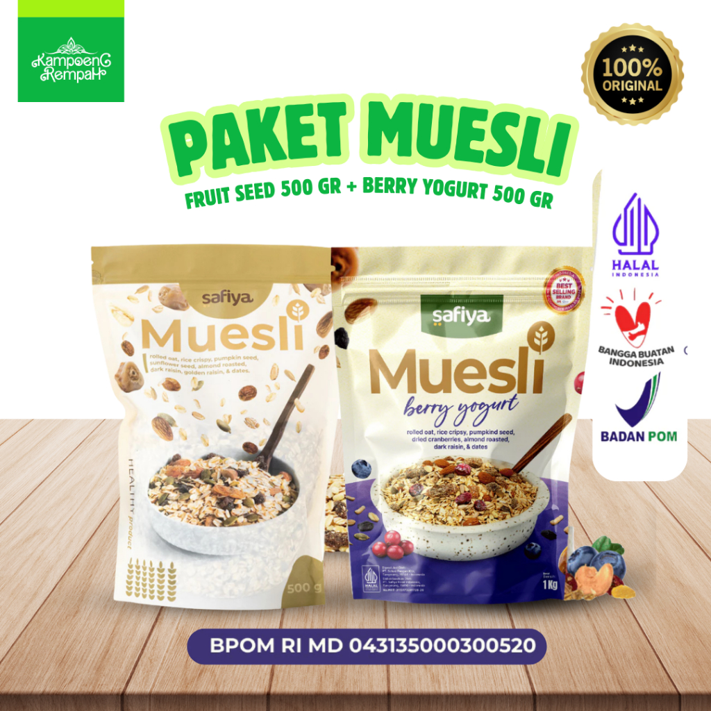 

Paket Safiya Muesli Fruit Seed 500 gr dan Muesli Berry Yogurt 500 Gram Sereal Sehat Original Diet