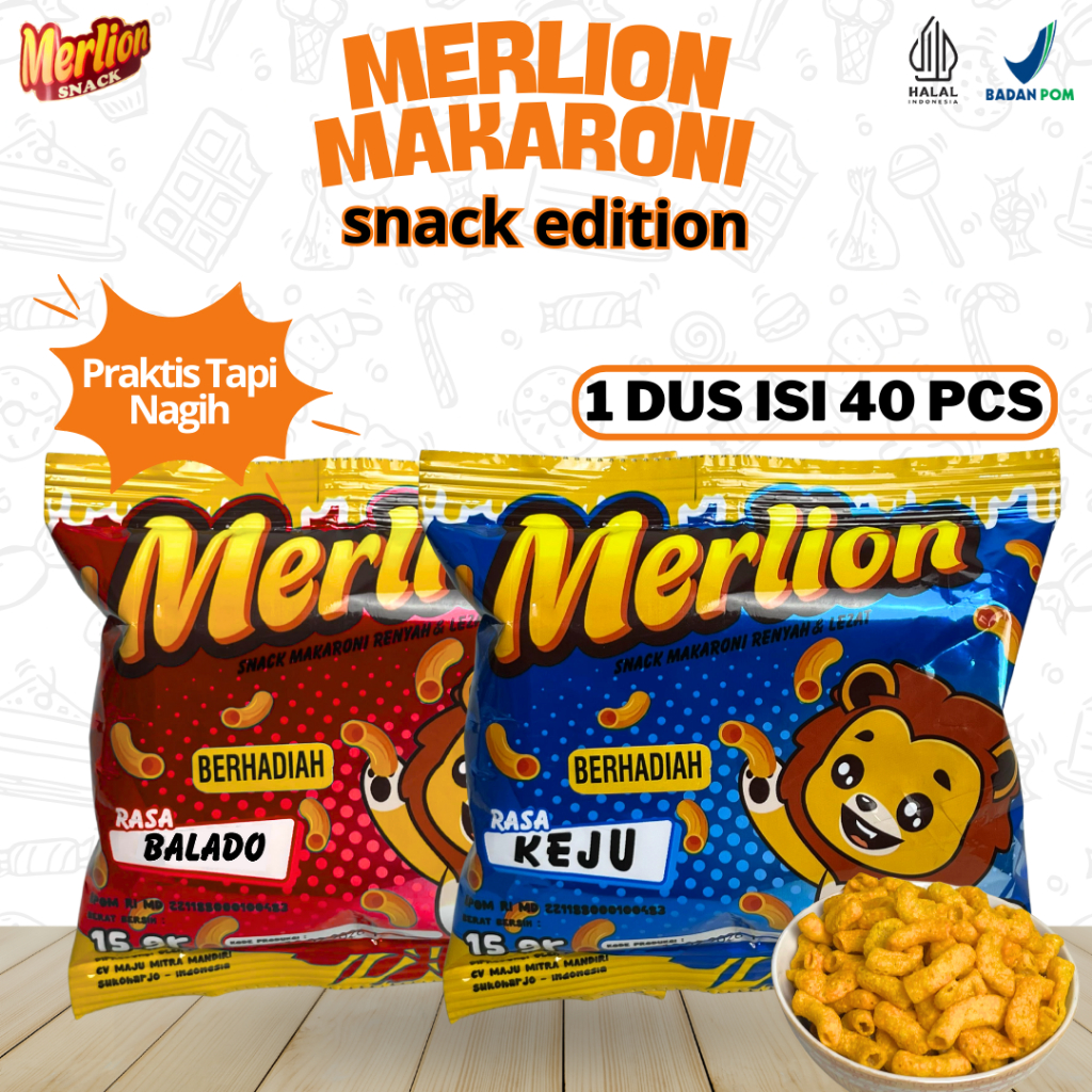 

MERLION MAKARONI SNACK 1 DUS ISI 40PCS CAMILAN RINGAN RENYAH ENAK MURAH GURIH NENDANG RASANYA