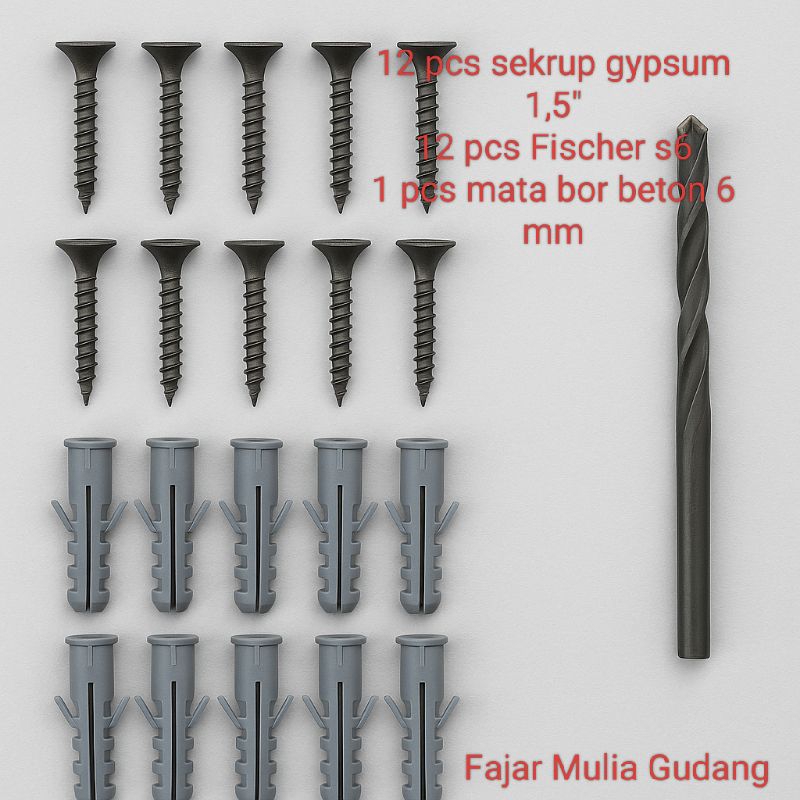 Paket 12 Sekrup Gypsum + 12 Fisher S6 + 1 Mata Bor Beton 6mm | Baut Tembok & Plafon | Fajar Mulia Gu