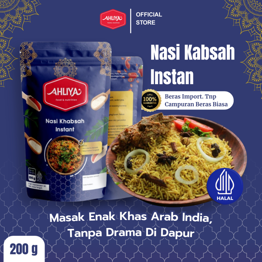 

⁠Nasi Khabsah Instan Komplit Paket Bumbu Lengkap & Beras Basmati Asli Timur Tengah AHLIYA