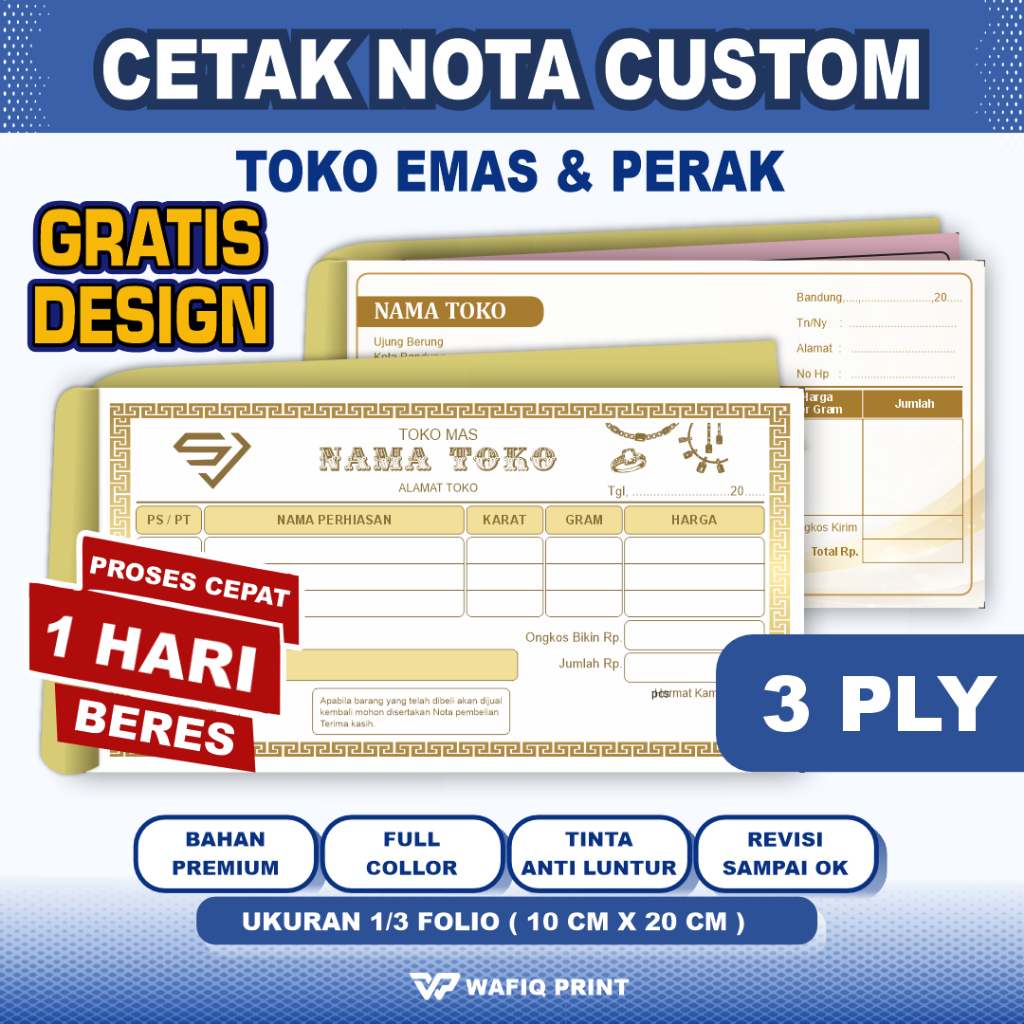 Cetak Nota Custom 3PLY Toko Emas logam mulia perak gratis design ukuran 1/3 full Warna buku kwitansi