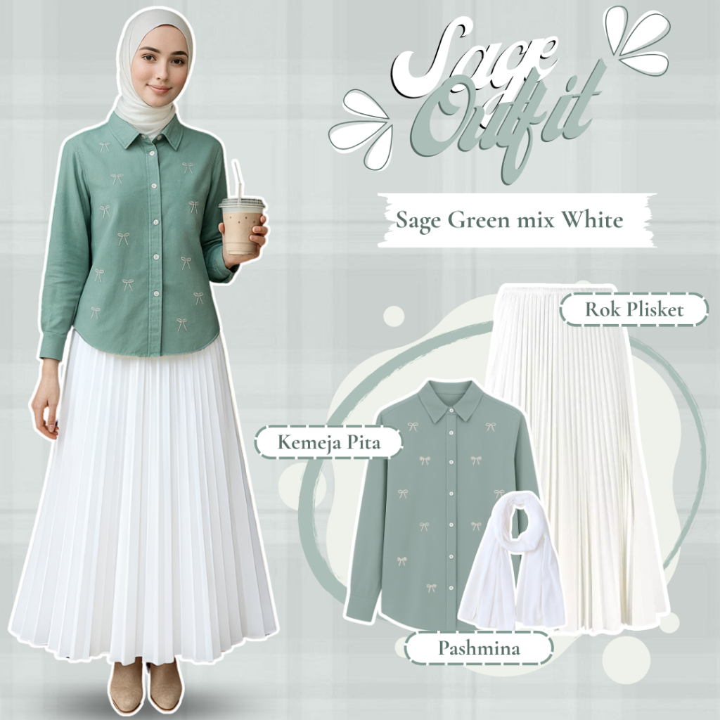 One Set Wanita Hijab Kemeja Pita, Rok Plisket Premium, Pashmina Ceruti, Ootd Hijab Casual - MF23M