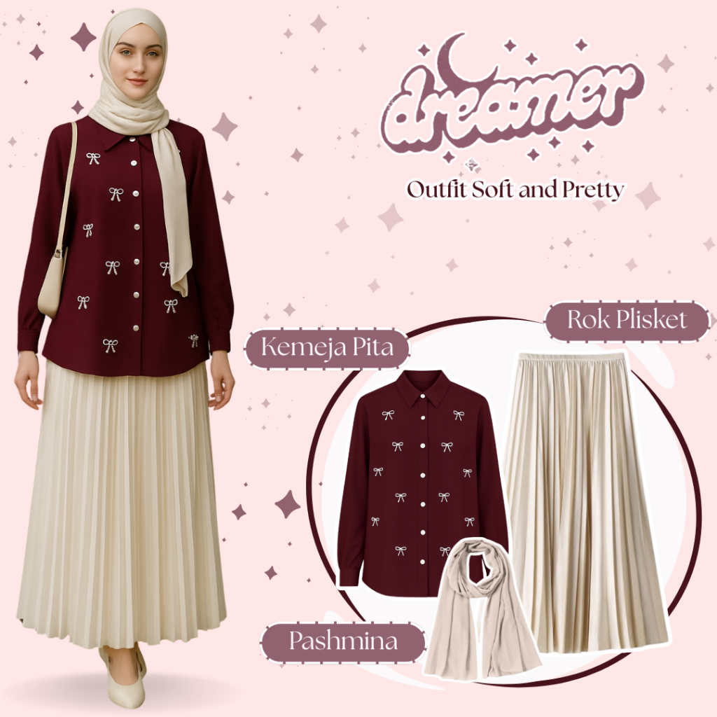 Baju Wanita Ootd Selebgram Kemeja Pita, Rok Plisket, Pashmina Ceruti, One Set Coquette - MF24M