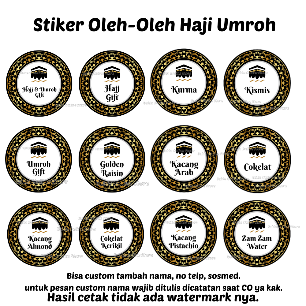 

stiker label sticker Gift From Hajj Umroh oleh-oleh Haji kemasan souvenir hampers parcel hadiah bingkisan tasyakuran kurma cokelat air zam zam kacang arab almond pistachio kismis golden raisin Toples black gold white plastik paperbag dus box cup thinwall