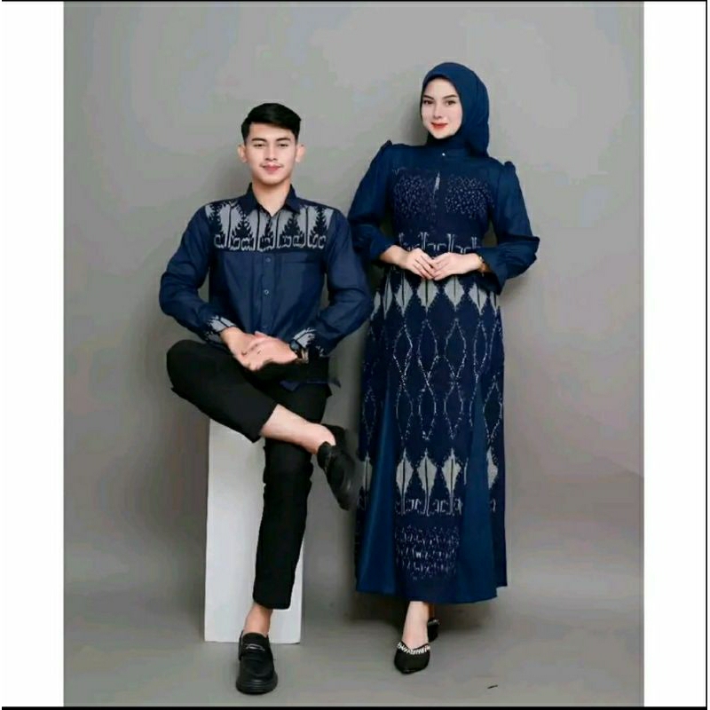 couple tenun alluna dress aluna navy kemeja tenun gamis