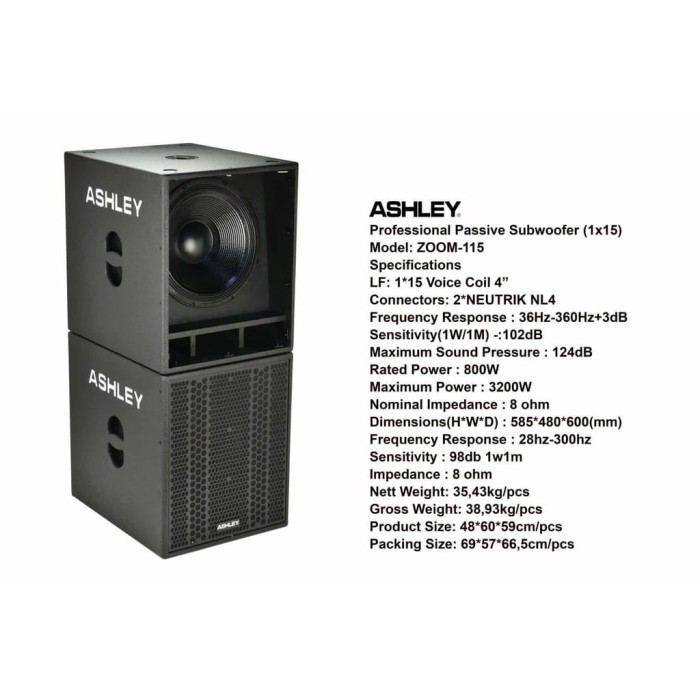 SUBWOOFER SPEAKER ASHLEY ZOOM-115 15 INCH ZOOM115