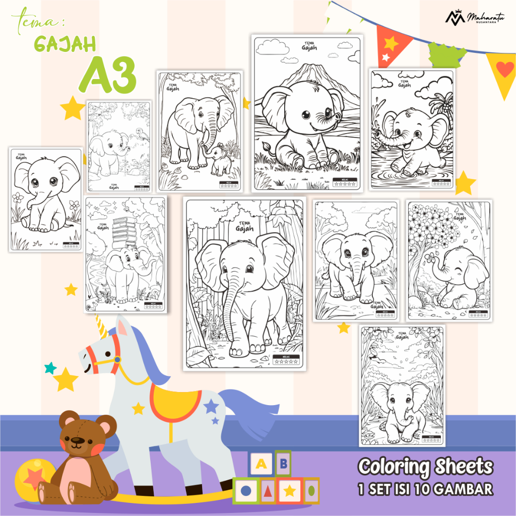 

[GAJAH] KERTAS MEWARNAI UNTUK ANAK - LEMBAR GAMBAR ANAK READY STOCK - COLORING SHEETS A3
