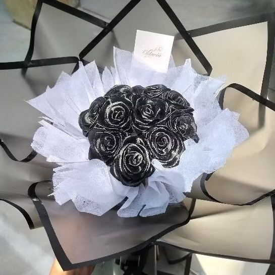 BLACK ROSE SATIN ROUND BOUQUET | BUKET BUNGA MAWAR HITAM SATIN