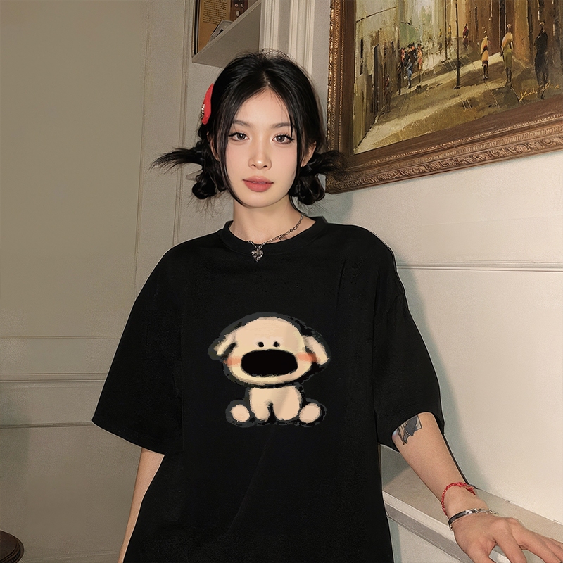 Kaos Oversize Wanita Nyaman Dipakai Dog Printed Premium T-Shirt Lengan Pendek Baju Atasan Hitam Puti