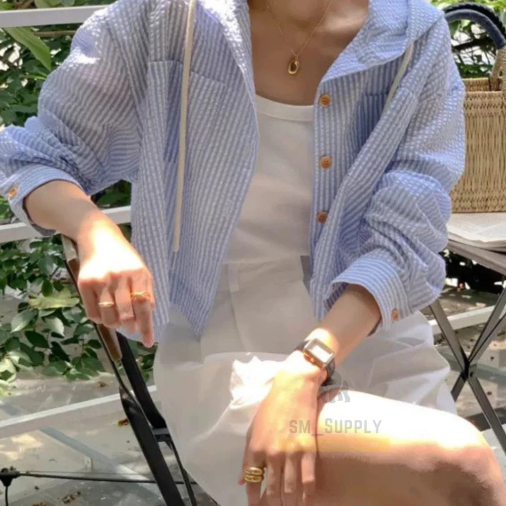 REI OUTER  Jaket kemeja 1658 -  bergaris biru bertekstur untuk wanita atasan pendek longgar casual