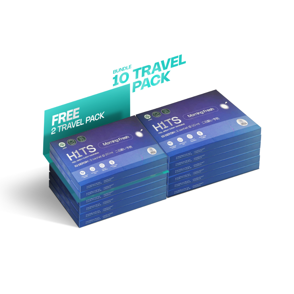 

[WORLD TOUR PACK] HITS Morning Fresh Jamu Anti Hangover 10 Travel Size - 20 Sachet + FREE 2 Travel Size (4 Sachet) Minuman Anti Hangover