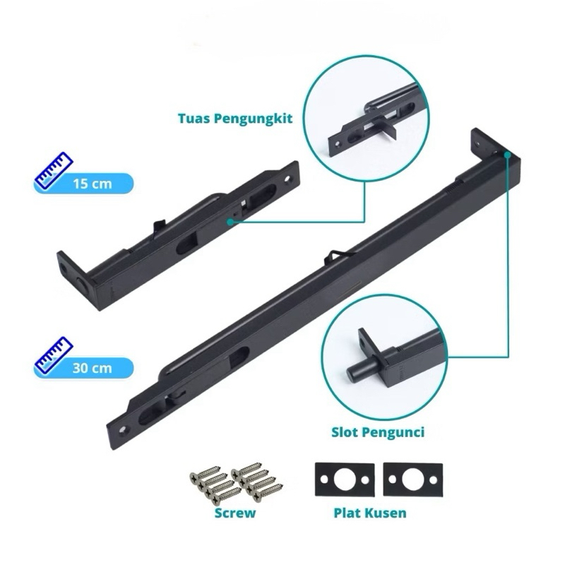 Grendel Tanam Hitam Slot Pintu Tanam Panjang 30cm dan 60cm Satu set Stainlees Tebal