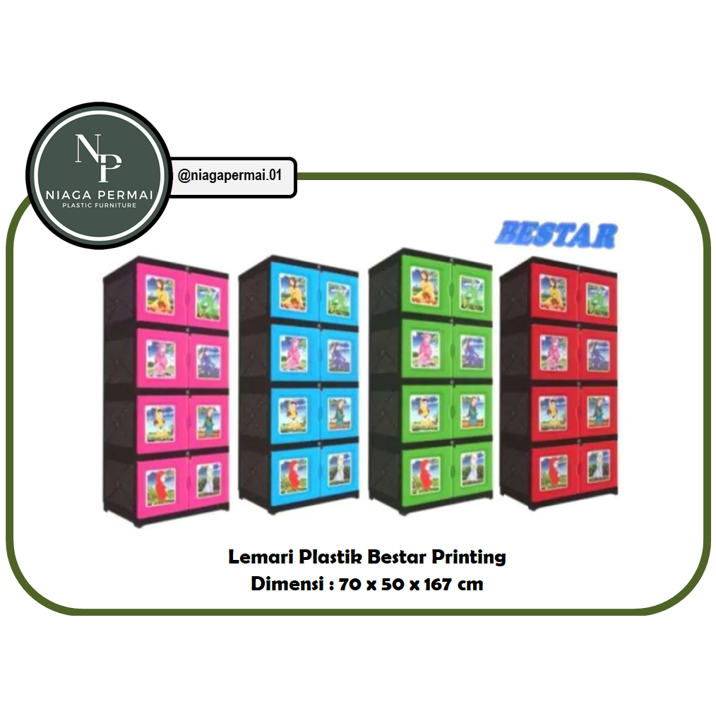 Lemari Pakaian Plastik Rak Susun 4/Susun 3 Cermin Motif Printing BESTAR