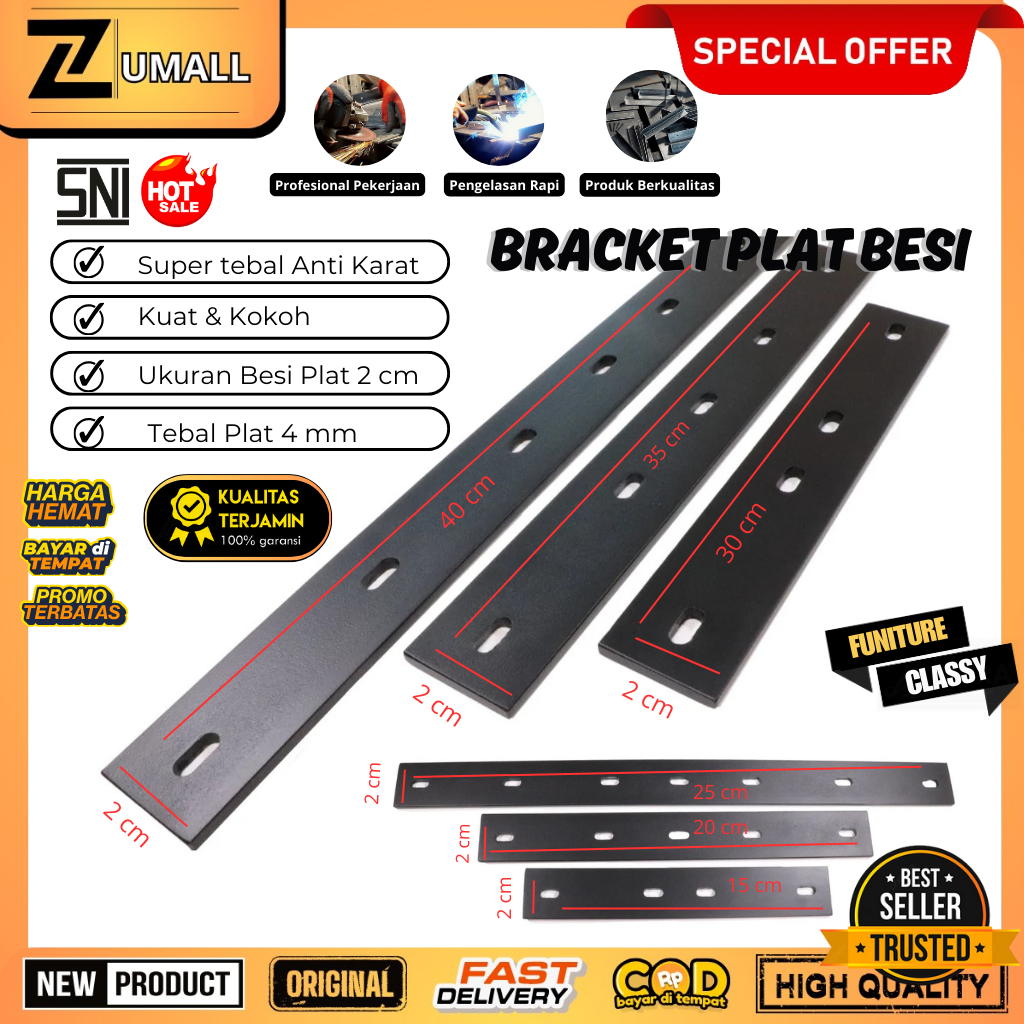 Plat Besi Tebal 4 mm Plat Lebar 2 cm Bracket Plat Besi Lubang Universal Panjang - Hitam