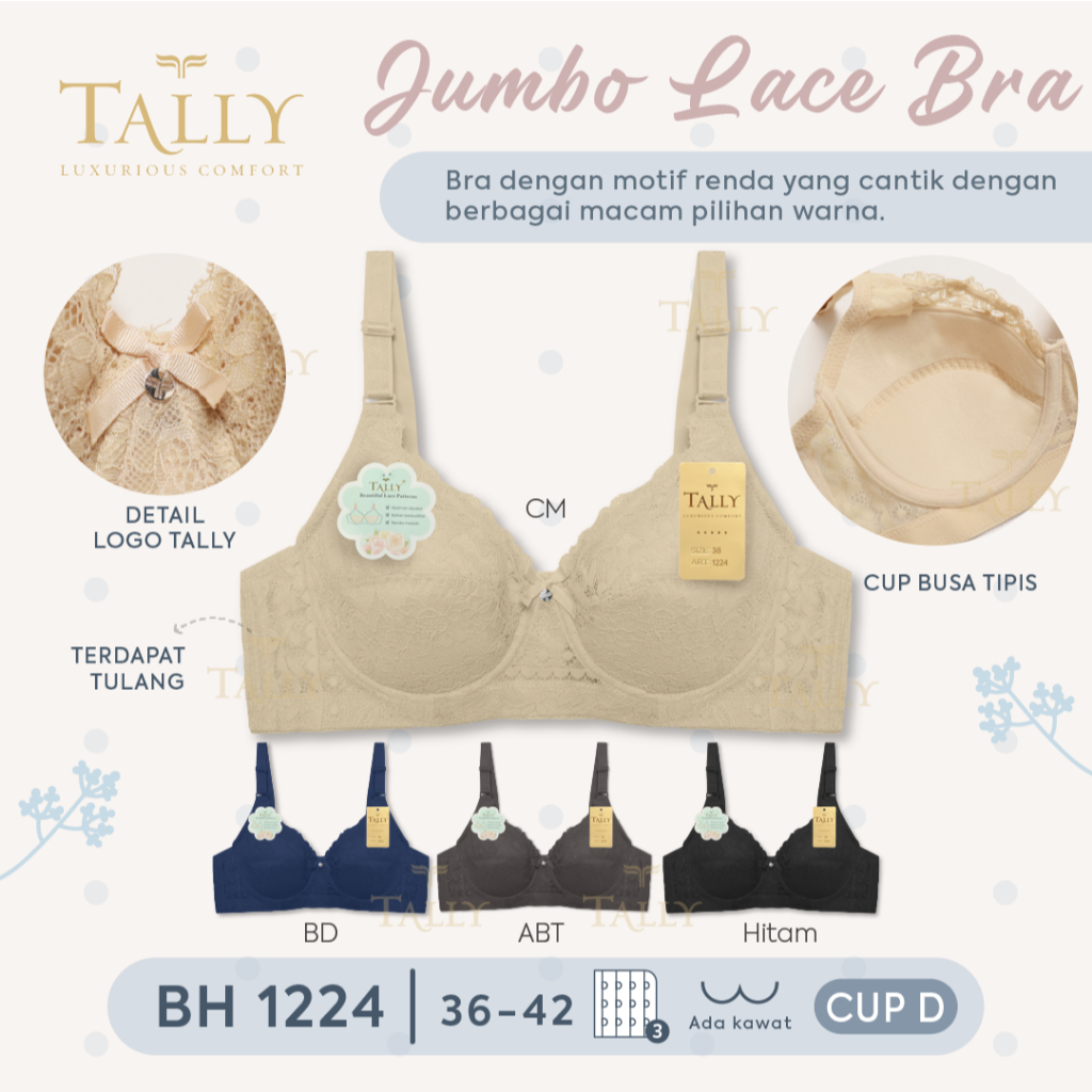 Bh Bra Tally 1224 Cup D (36-42) Kait 3 Renda Brukat | Busa Tipis Berkawat |mkp