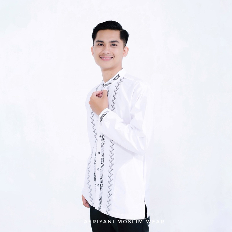 [Asriyani] Baju Koko Yusuf Lengan Panjang Putih Kombinasi Bordir Terbaru Full Katun