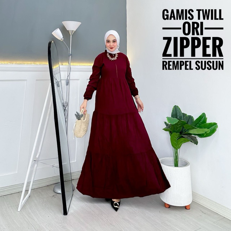 CAHAYA - Gamis Twill Ori Zipper Rempel Susun