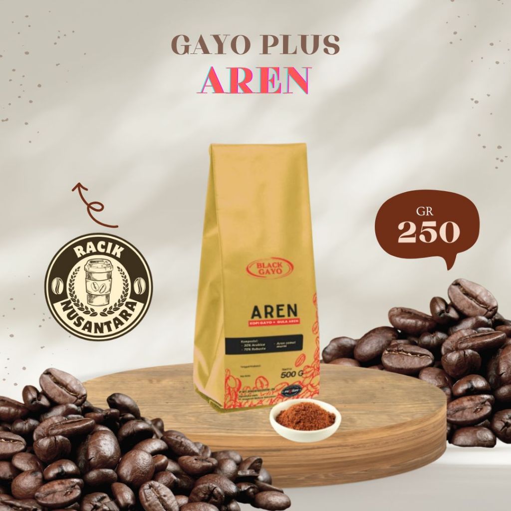 

Kopi Gayo Plus Aren – Blend Arabika Robusta 250gr, Gula Aren Semut, Medium Dark Roast