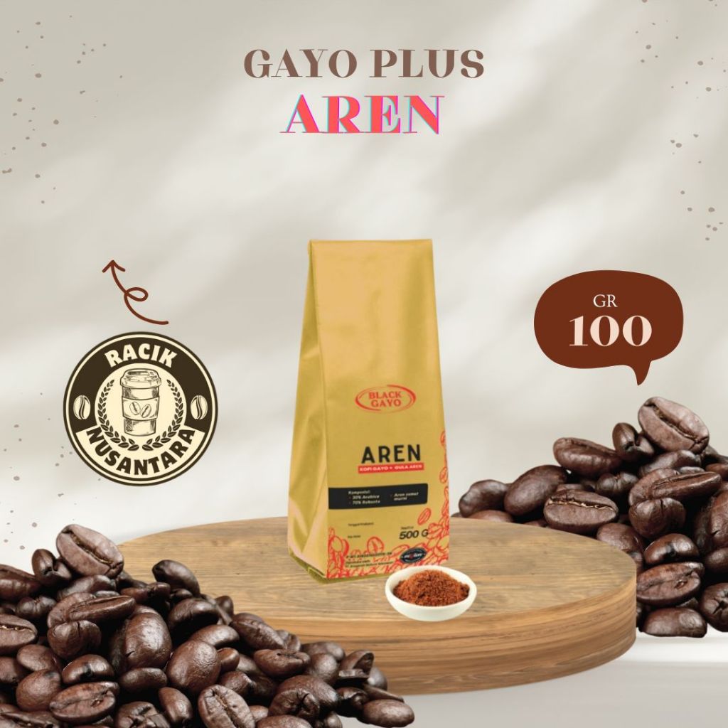 

Kopi Gayo Plus Aren – Blend Arabika Robusta 100gr, Gula Aren Semut, Medium Dark Roast