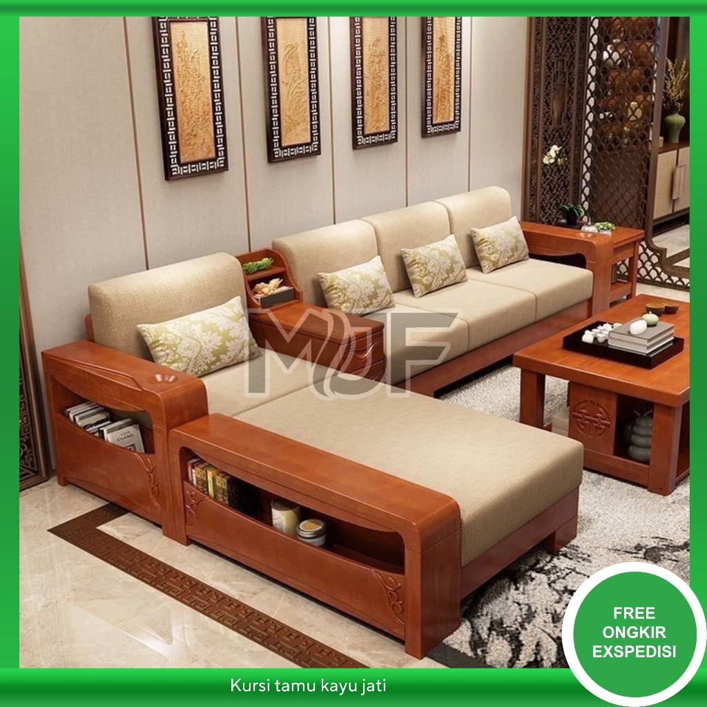 Kursi sofa tamu Sadewa minimalis kayu jati lengkap meja utama dan meja pojok