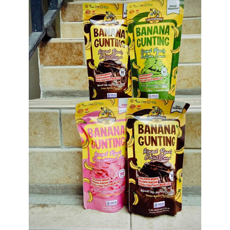 

Jual Kripik Pisang Coklat Strawbery Macha Lumer Banana Gunting