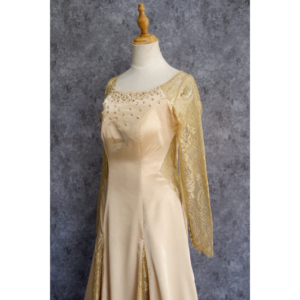 Gold Long Dress with Lengan Panjang Brukat Preloved Second Dress Pesta Dress Kondangan
