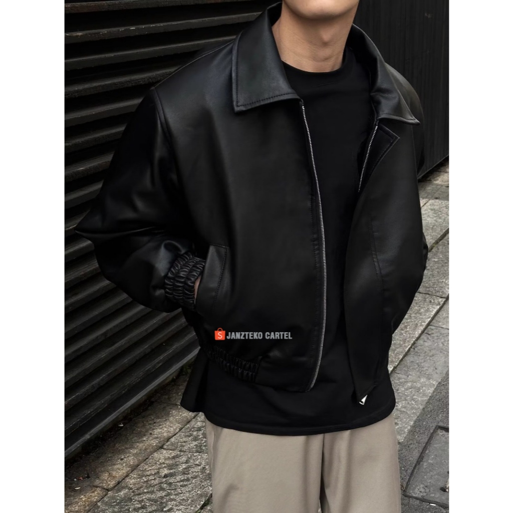 JNK x GOZI - Jaket Boxy Pria Granger Mafia Semi Kulit Sintetis Viena PU Leather Jacket Vintage Skena