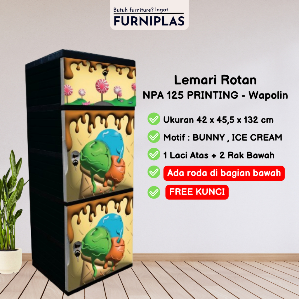 Furniplas WAPOLIN Lemari Plastik Susun Anak Karakter Pakaian Laci Premium Ukuran 42 x 45,5 x 132 cm 