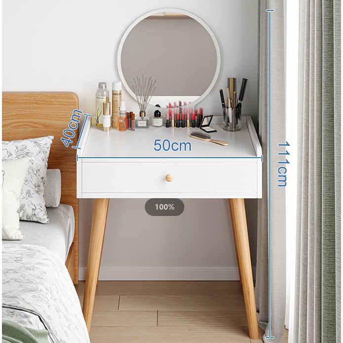 Meja Rias Minimalis Aesthetic / Meja Kosmetik Kaca Bundar / Meja Rias Putih