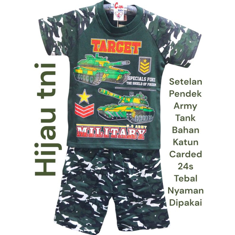 baju setelan pendek tank army anak laki-laki ukuran 2-9 tahun