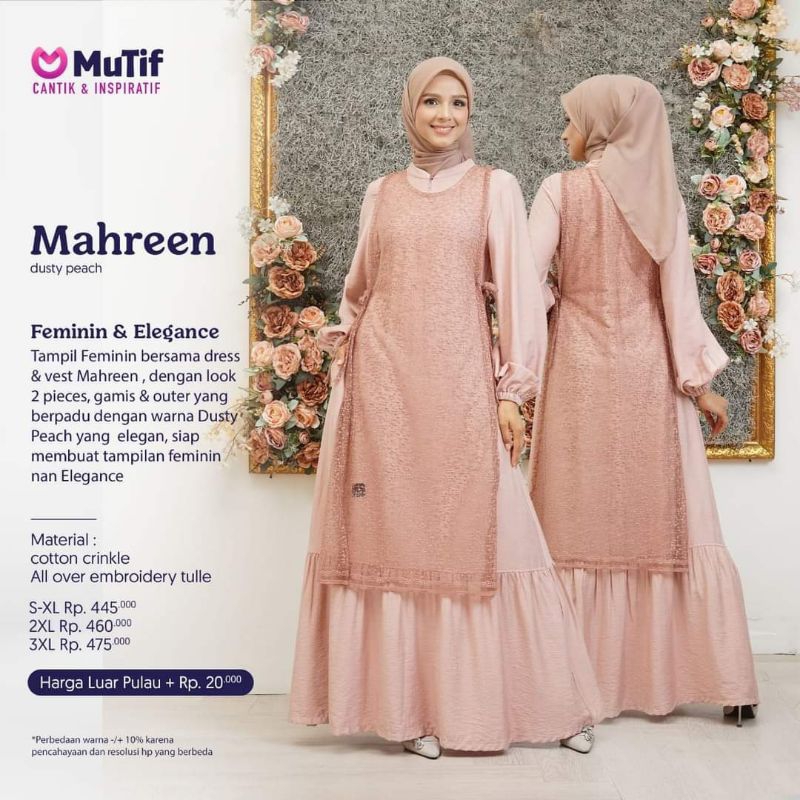 mutif gamis mahreen dusty peach pink salem brukat cringkle linen gamis muslim wanita