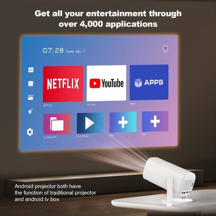 Proyektor Android TV Mini Portable 4K Full Ultra HD Wifi Bluetooth Tanpa Chanel TV