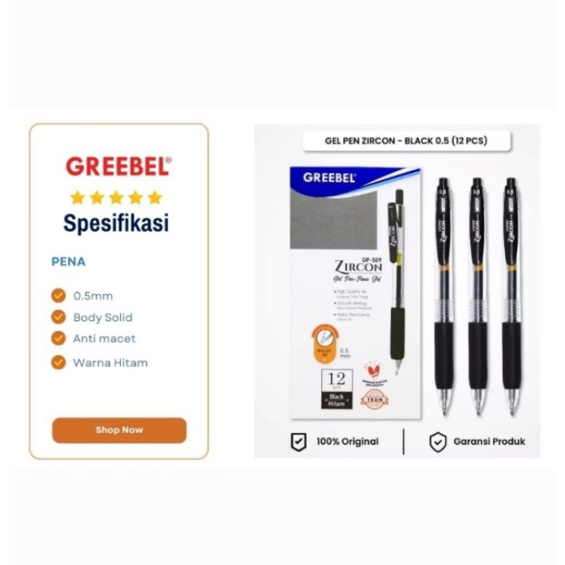 

Pulpen Gel Cetekan Pena Greebel Zircon 0.5mm Original Hitam Isi 12 Pcs/Kotak