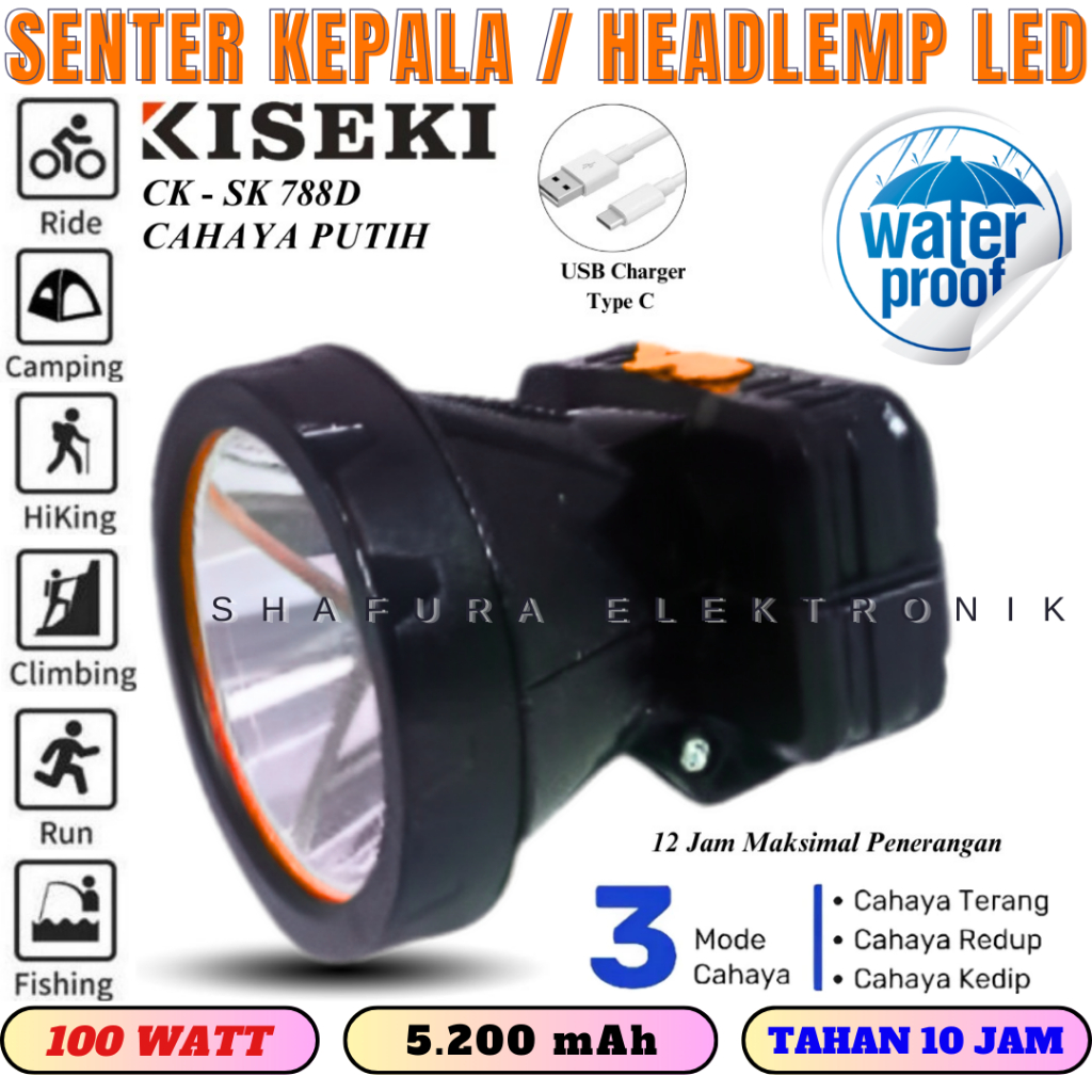 Headlamp/Senter Kepala Ori Kiseki 100w Cahaya Putih Super Terang Tahan 10jam Mode Terang Kiseki Ck-S