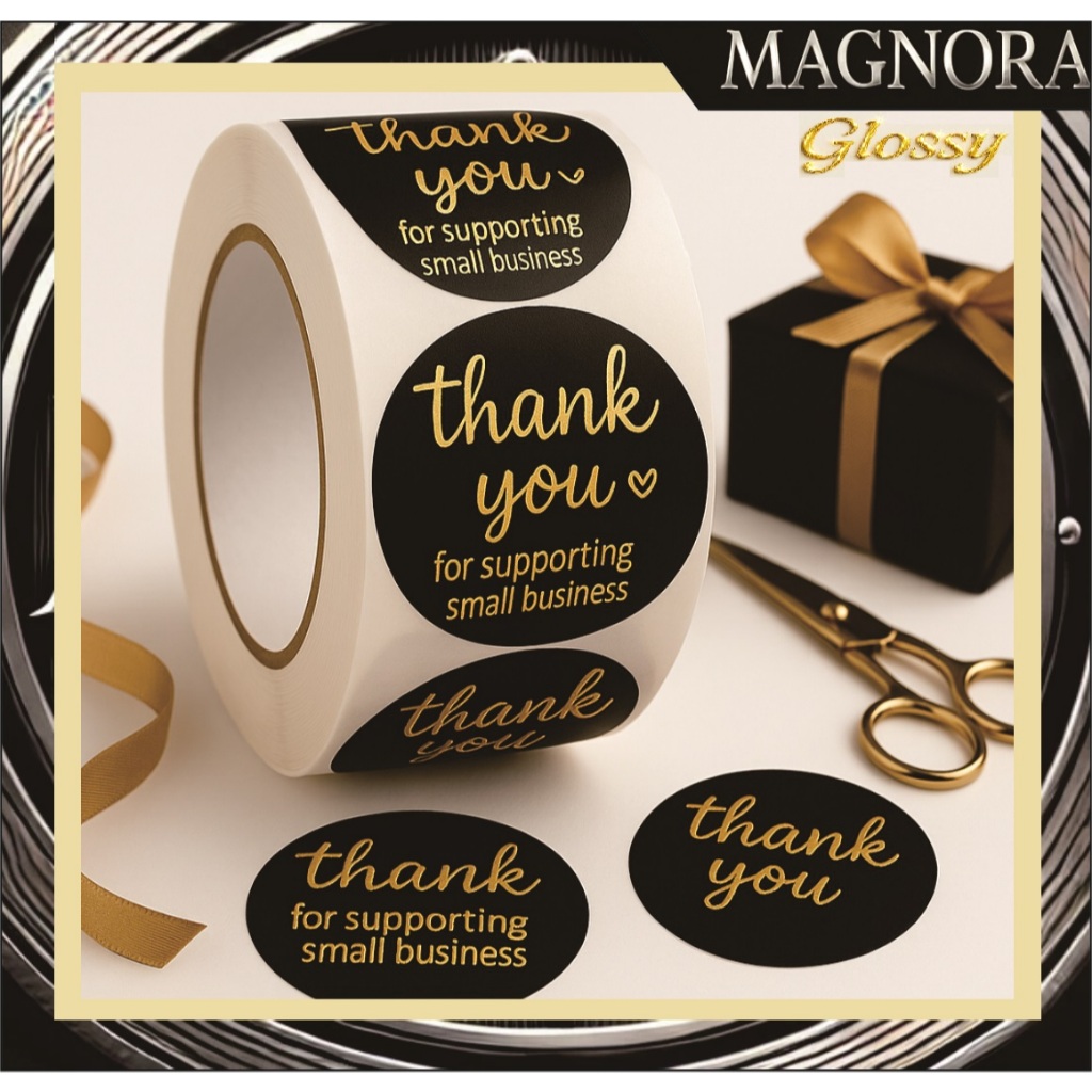 

Sticker Thank You Roll isi 500 PREMIUM Glossy Black Stiker Ucapan Terima Kasih Kilau Emas by Magnora