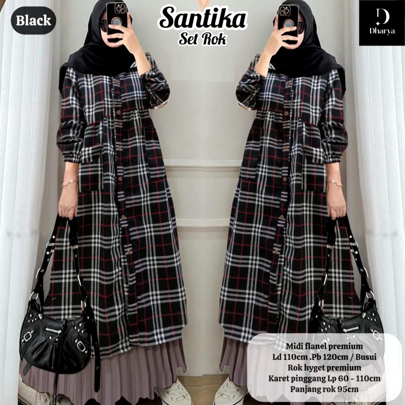 SANTIKA SET ROK ORI BY DHARYA // BAJU TUNIK FLANEL TEBAL MOTIF KOTAK KOTAK SETELAN ROK PLISKET POLOS