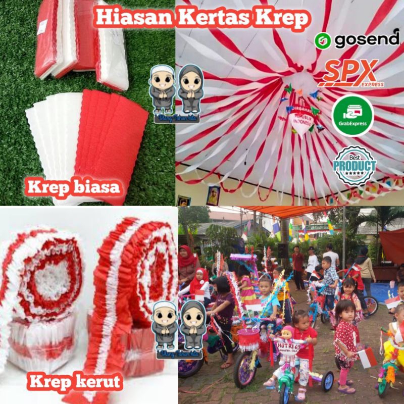 

(HUT RI)Kertas Krep merah putih, kertas krep warna warni, kertas krep potong,kertas krep serut, dekorasi kertas krep
