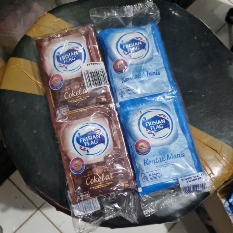 

krimer kental manis Frisian flag putih dan coklat isi 38gr harga ecer dan renceng