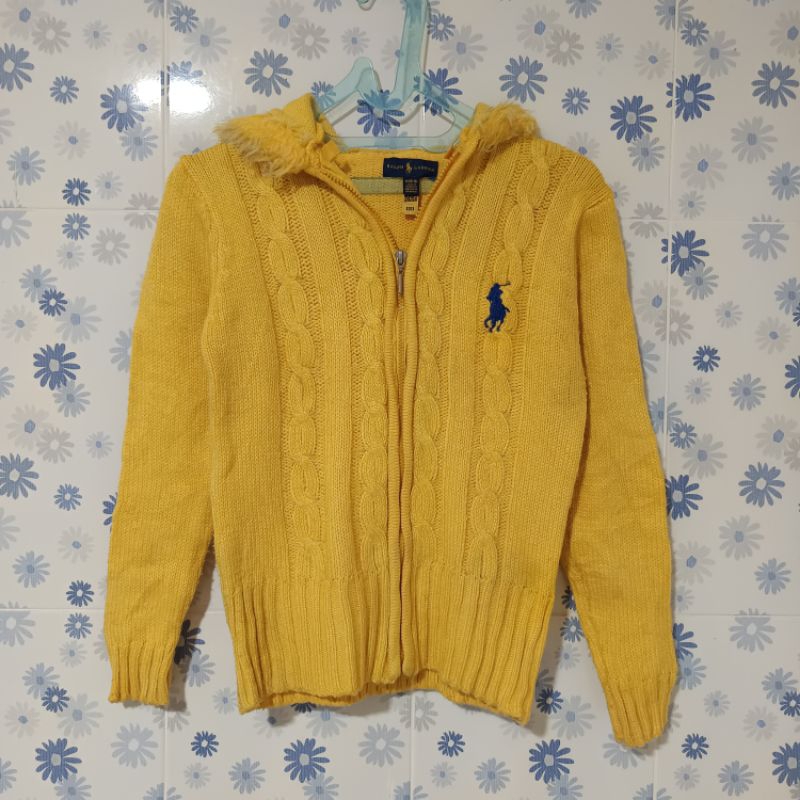 POLO RALPH LAUREN COTTON YELLOW ZIPPER JAKET HOODIE CARDIGAN CABLE KNIT RAJUT WITH  FUZZY