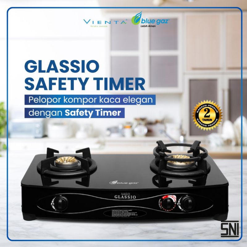 Kompor Gas Kaca Blue Gas Gaz Glassio Safety Timer Pemantik Elektrik Pemutus Gas Otomatis Garansi Hom