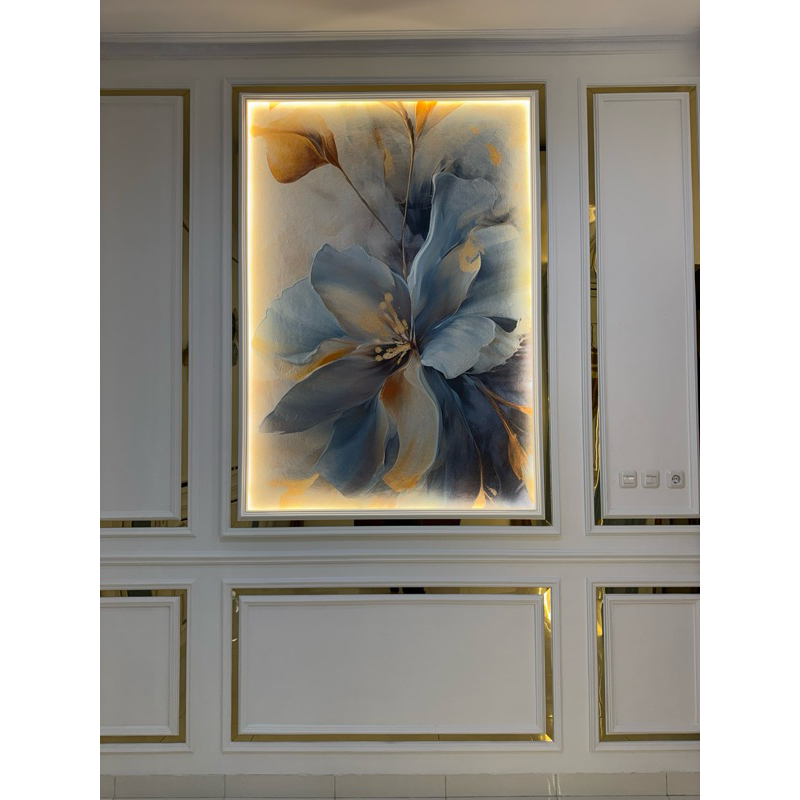 Wallpaper Bunga Elegan 3D – Motif Bunga Biru Emas Mewah