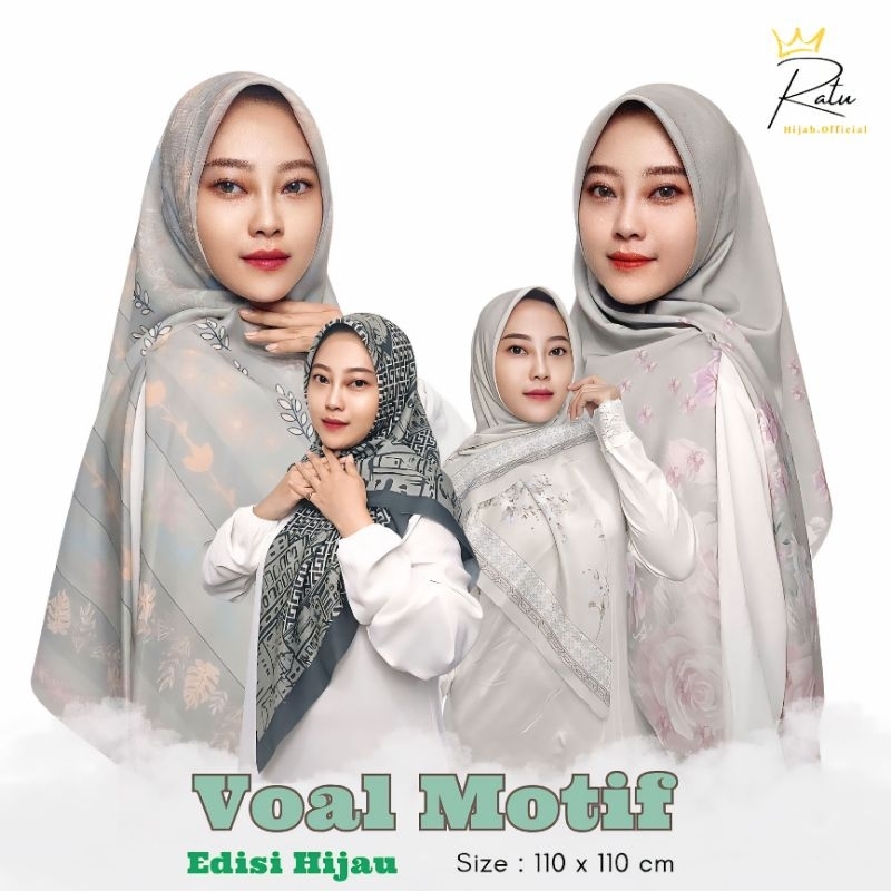 HIJAU - Voal Premium Motif Hijab Segiempat  Saghe Tosca Army Jotol Mint Emerald