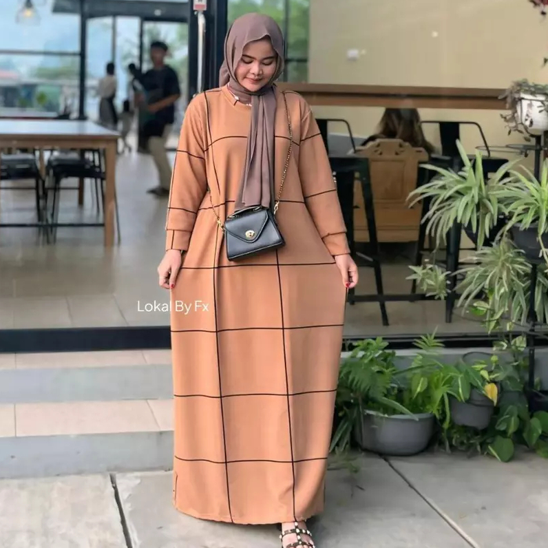 Lokal By FX  Aidah Gamis Amuslim Knit Motif Salur Kotak Gamis Knit Premium