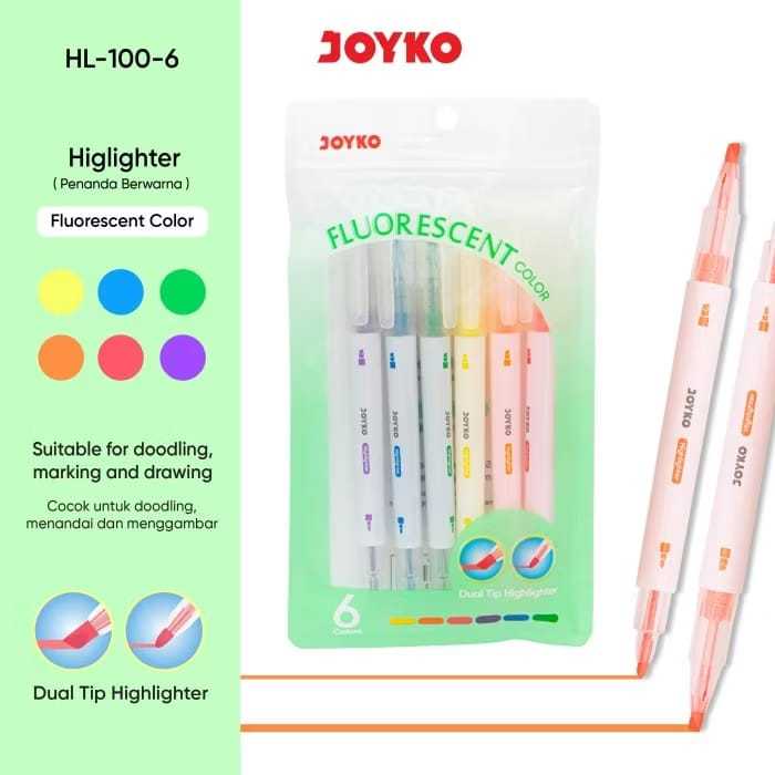

(PERSET) Penanda Berwarna Highlighter Joyko HL-100 1 Set 6 Warna Fluorescent