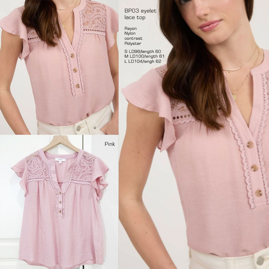 [sku] MINE BLU PEPPER 03 Eyelet Lace Top - Baju Atasan Blouse Pink / Hijau / Putih Lengan Pendek Wan