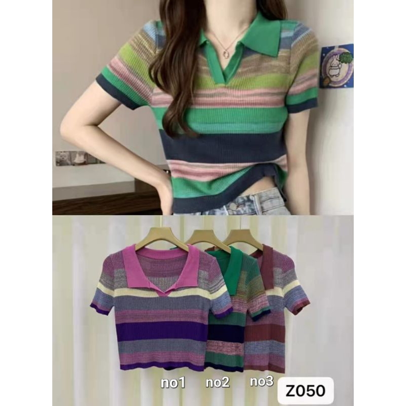 Rajut Kerah Salur Import Z050 No3 - Baju, Atasan, Pendek, Crop, Katun, Wanita, Top, Knitwear, Cardig