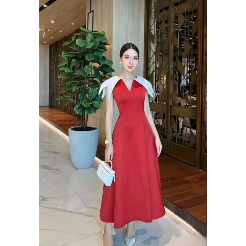 cape sleeve midi dress polos simple basic premium europe long dress gaun pesta wedding party event c