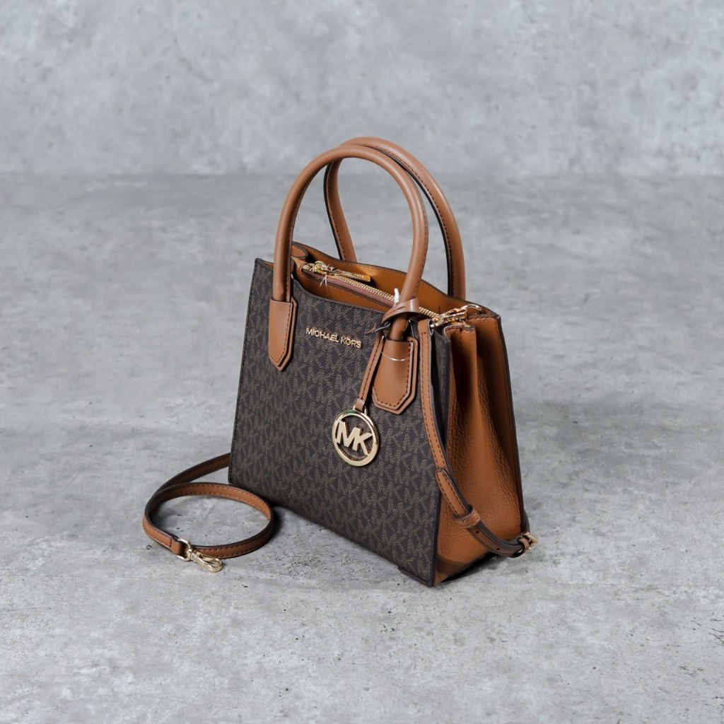 Tas MK MERCER MONOGRAM DARK BROWN CAMEL TOTE BAG WITH 100% ORIGINAL